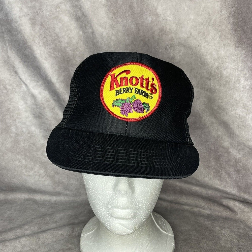 Vintage 80s Knott's Berry Farm Spell Out Patch Black Trucker Hat Cap Snapback